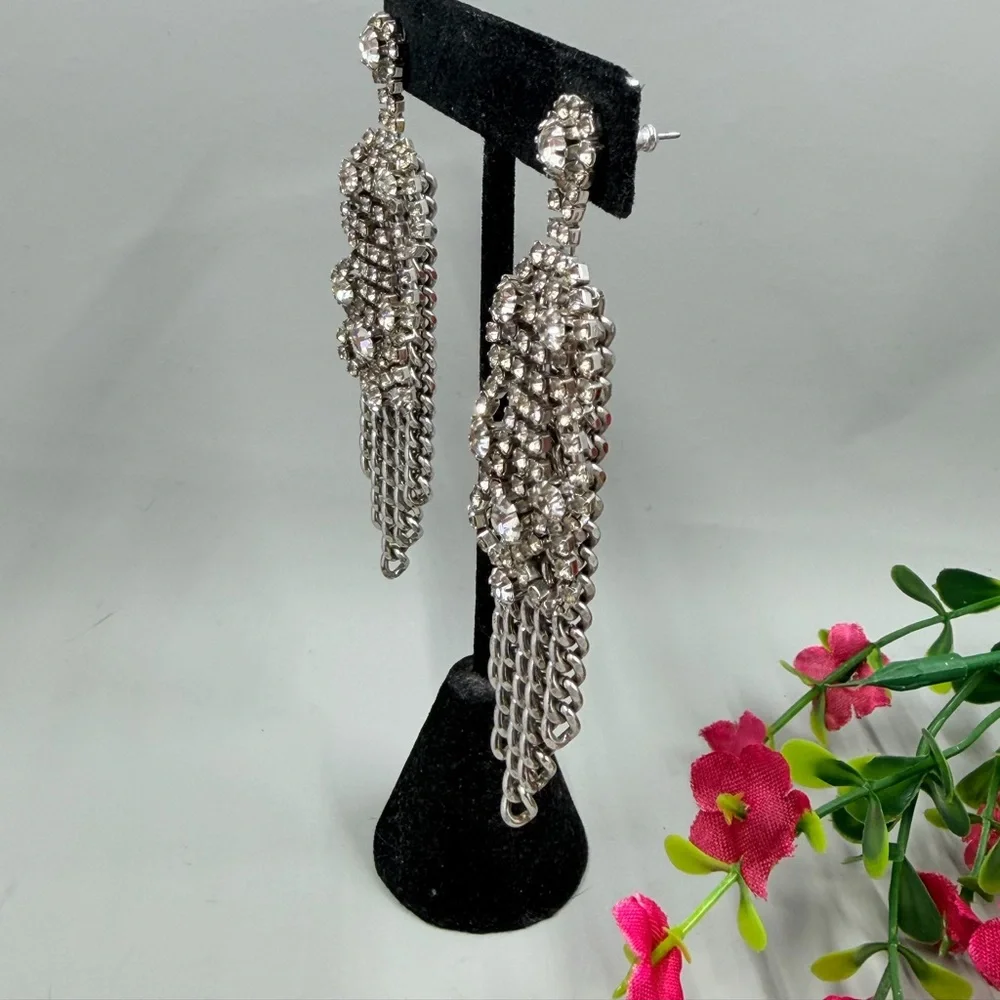 Vintage Crystal Fringe Drop Earrings With Chain Dangles - Picture 3 of 5